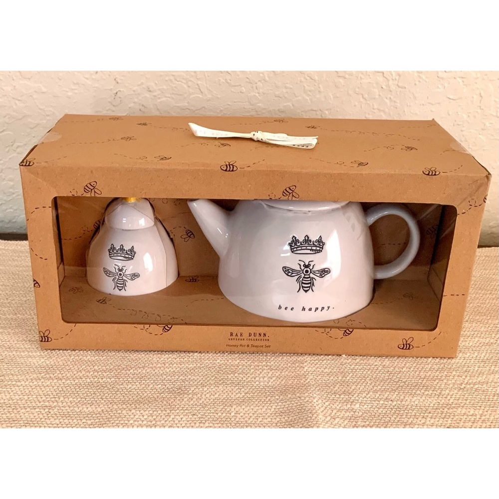 Rae Dunn BEE HAPPY CROWN Teapot Set